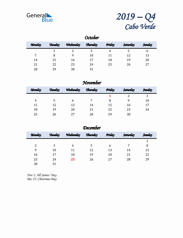 October, November, and December Calendar for Cabo Verde with Monday Start