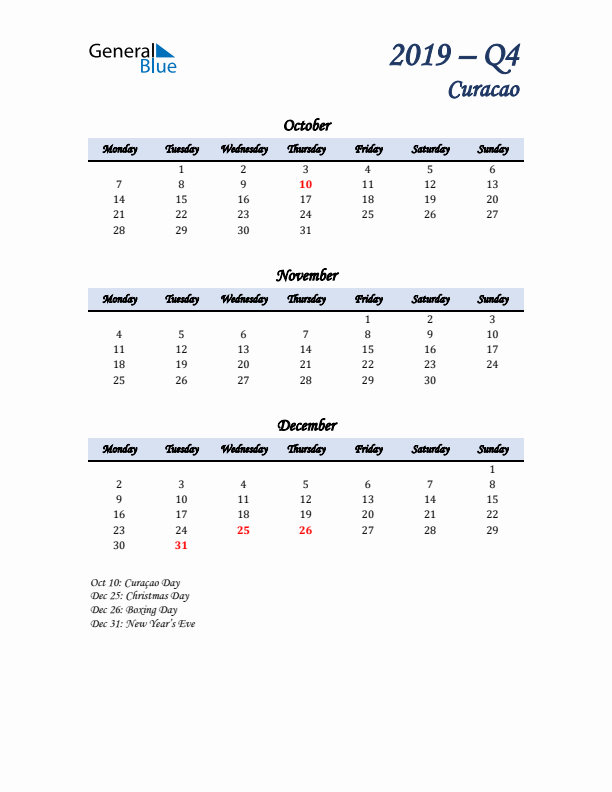 October, November, and December Calendar for Curacao with Monday Start