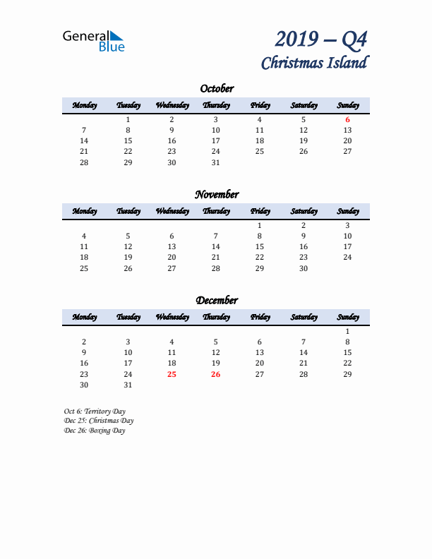 October, November, and December Calendar for Christmas Island with Monday Start