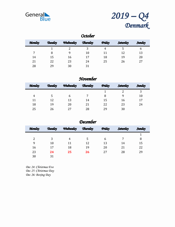 October, November, and December Calendar for Denmark with Monday Start