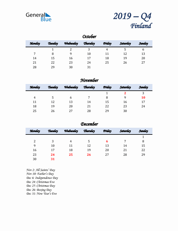 October, November, and December Calendar for Finland with Monday Start