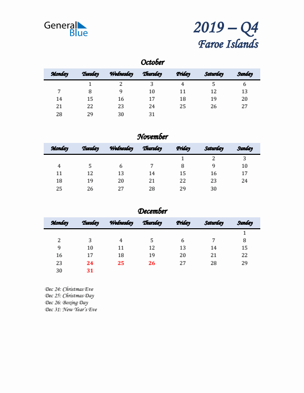 October, November, and December Calendar for Faroe Islands with Monday Start