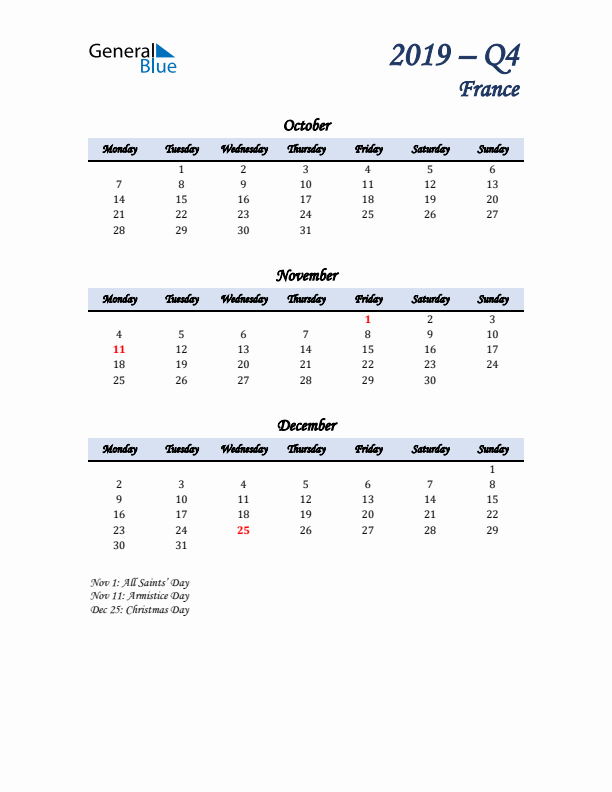 October, November, and December Calendar for France with Monday Start