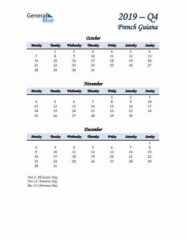 October, November, and December Calendar for French Guiana with Monday Start