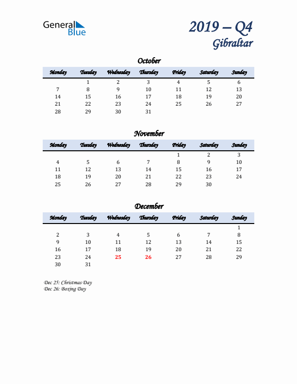 October, November, and December Calendar for Gibraltar with Monday Start