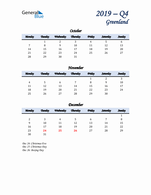 October, November, and December Calendar for Greenland with Monday Start