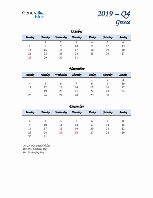 October, November, and December Calendar for Greece with Monday Start