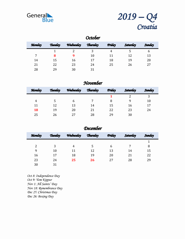 October, November, and December Calendar for Croatia with Monday Start