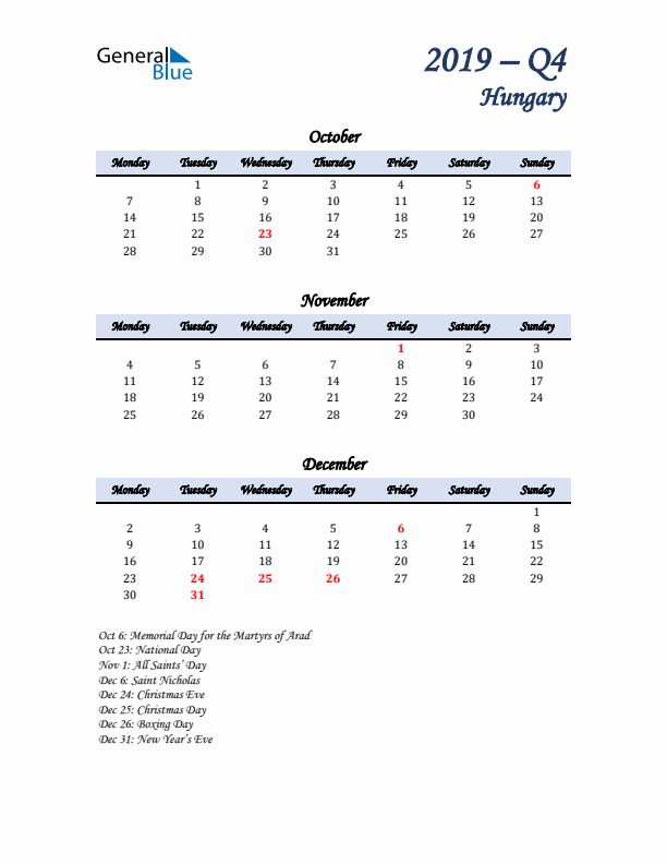 October, November, and December Calendar for Hungary with Monday Start