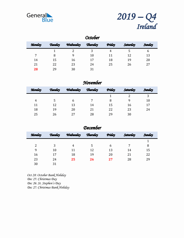 October, November, and December Calendar for Ireland with Monday Start