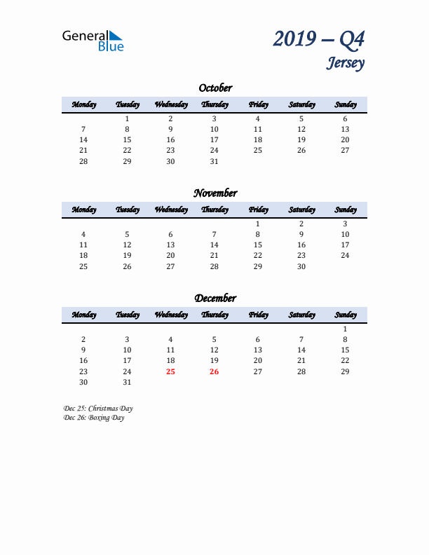 October, November, and December Calendar for Jersey with Monday Start