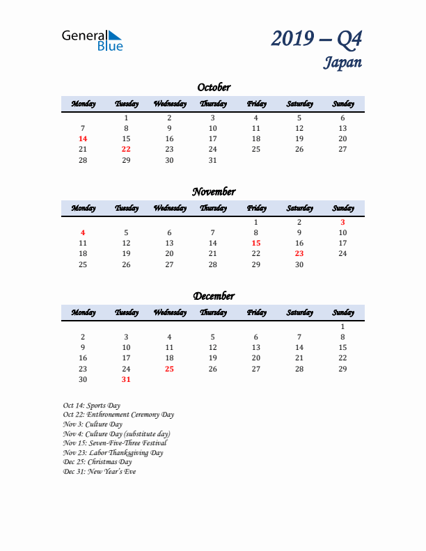 October, November, and December Calendar for Japan with Monday Start