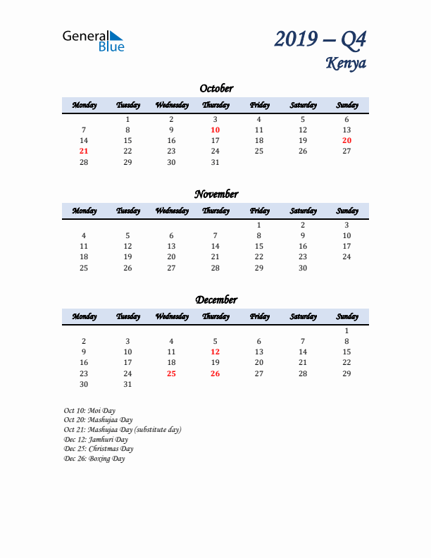 October, November, and December Calendar for Kenya with Monday Start