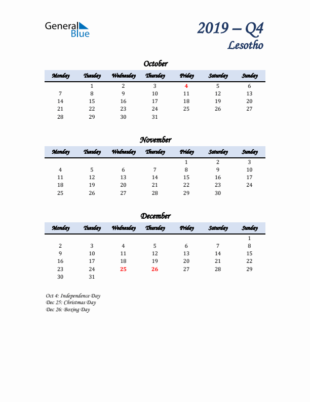 October, November, and December Calendar for Lesotho with Monday Start