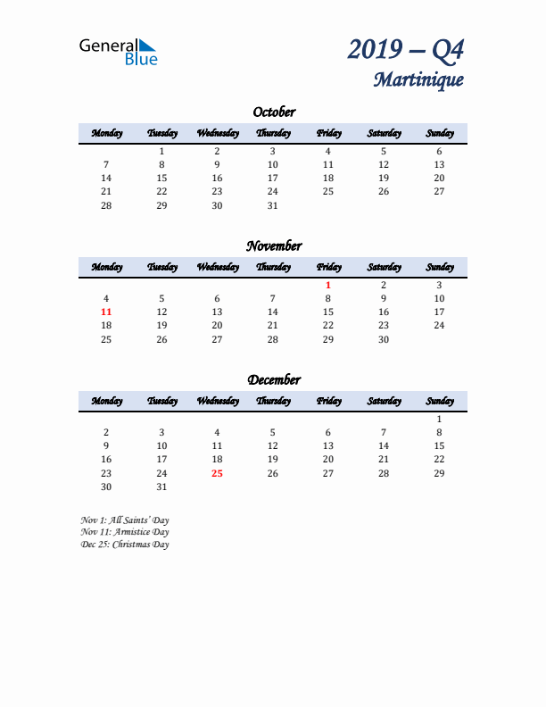 October, November, and December Calendar for Martinique with Monday Start