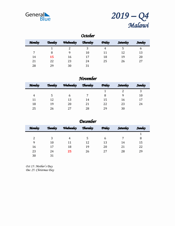 October, November, and December Calendar for Malawi with Monday Start