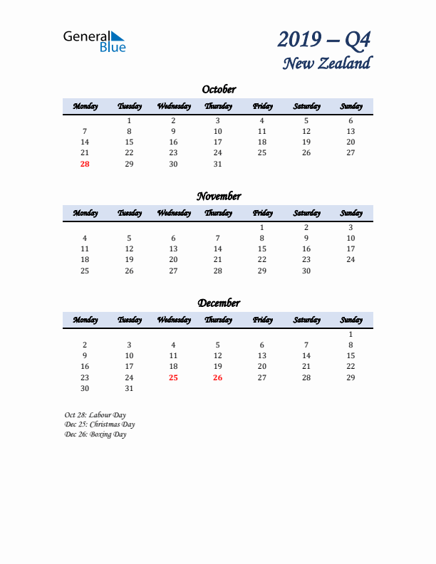 October, November, and December Calendar for New Zealand with Monday Start