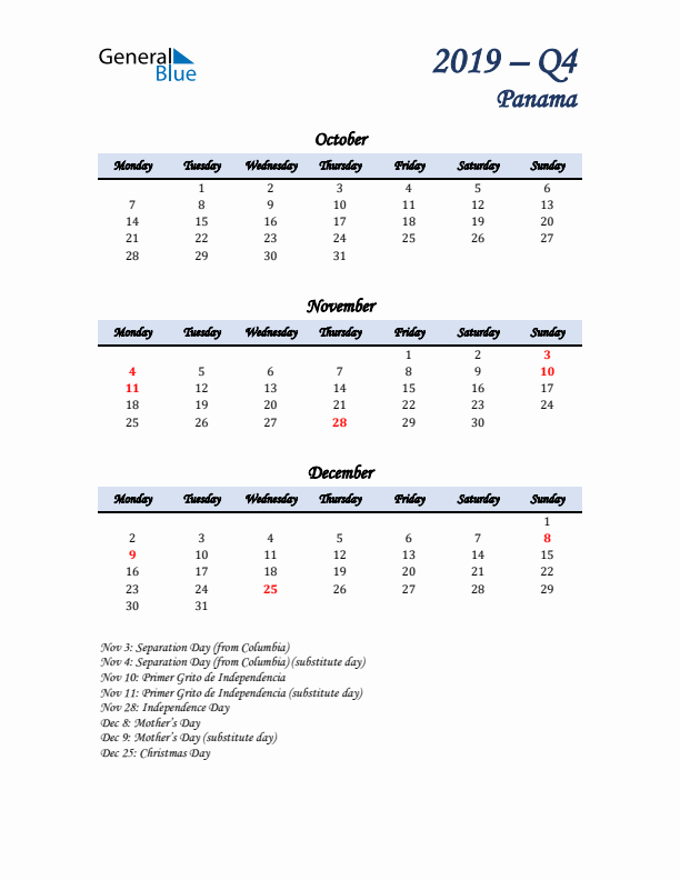 October, November, and December Calendar for Panama with Monday Start