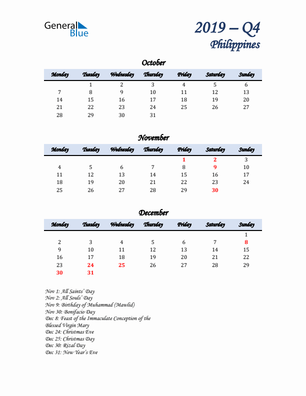 October, November, and December Calendar for Philippines with Monday Start