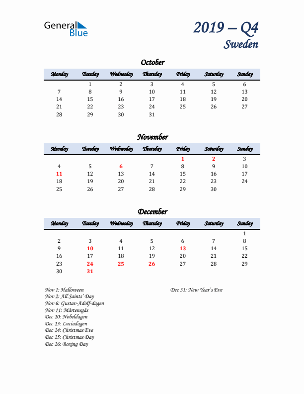 October, November, and December Calendar for Sweden with Monday Start