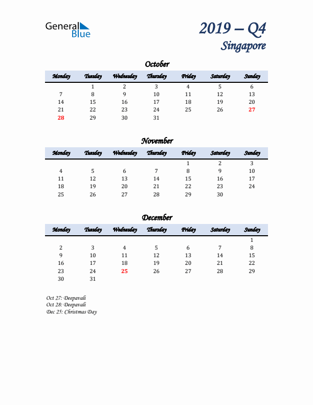 October, November, and December Calendar for Singapore with Monday Start