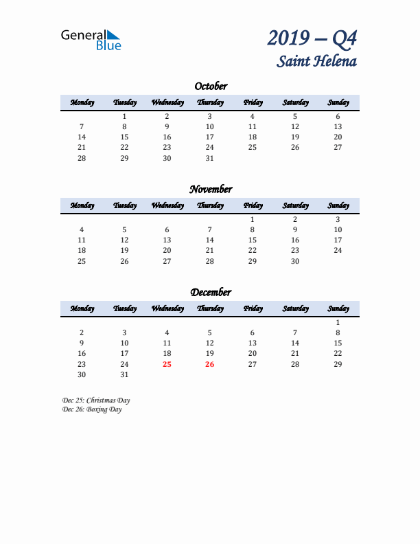 October, November, and December Calendar for Saint Helena with Monday Start