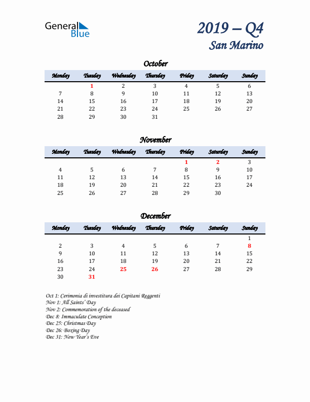 October, November, and December Calendar for San Marino with Monday Start