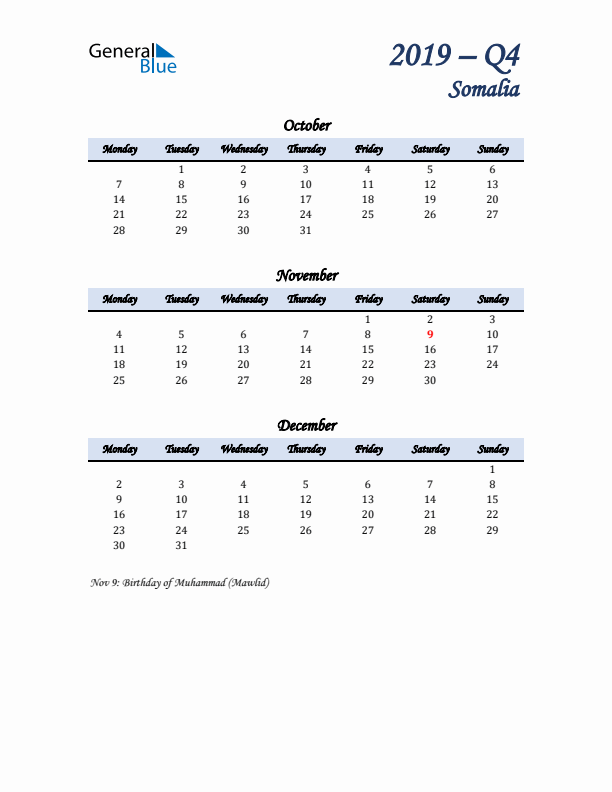 October, November, and December Calendar for Somalia with Monday Start