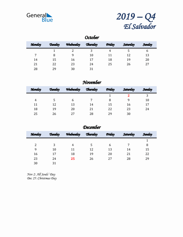 October, November, and December Calendar for El Salvador with Monday Start