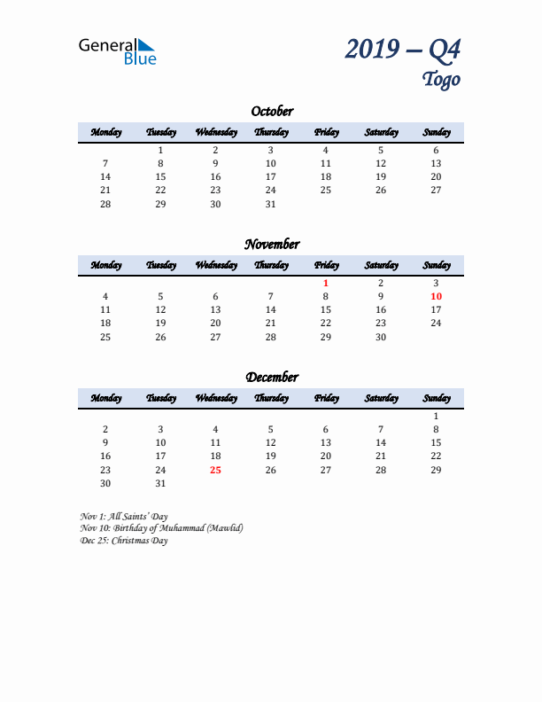 October, November, and December Calendar for Togo with Monday Start