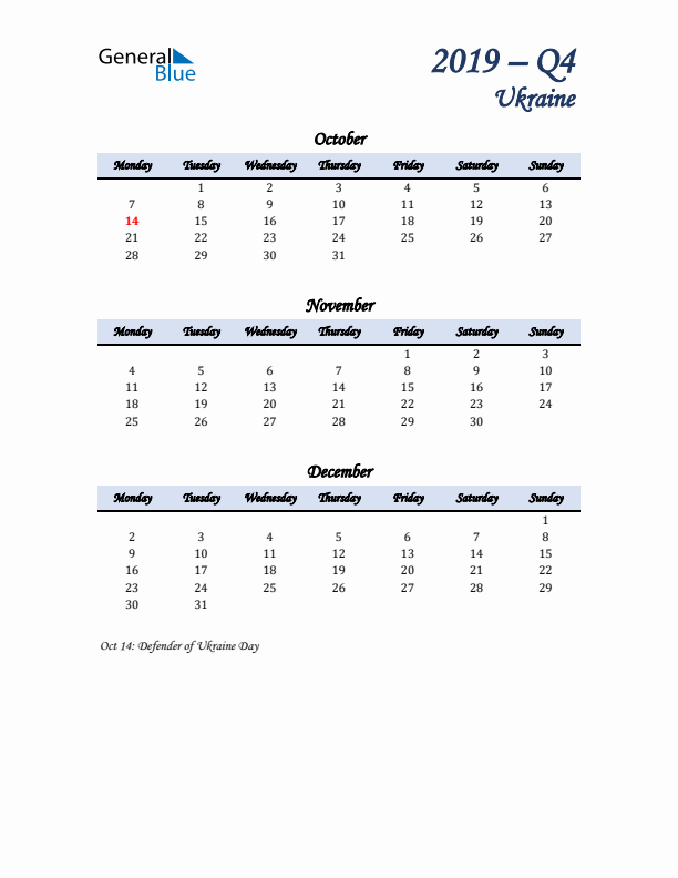 October, November, and December Calendar for Ukraine with Monday Start