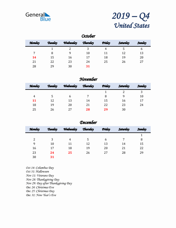 October, November, and December Calendar for United States with Monday Start