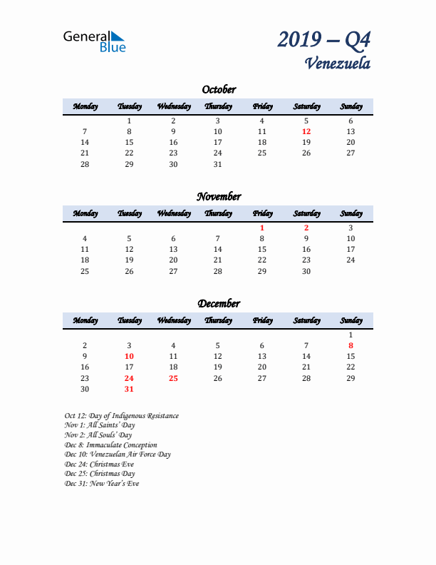 October, November, and December Calendar for Venezuela with Monday Start