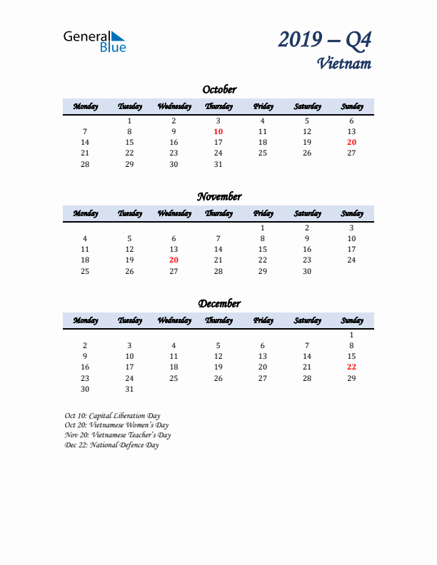 October, November, and December Calendar for Vietnam with Monday Start