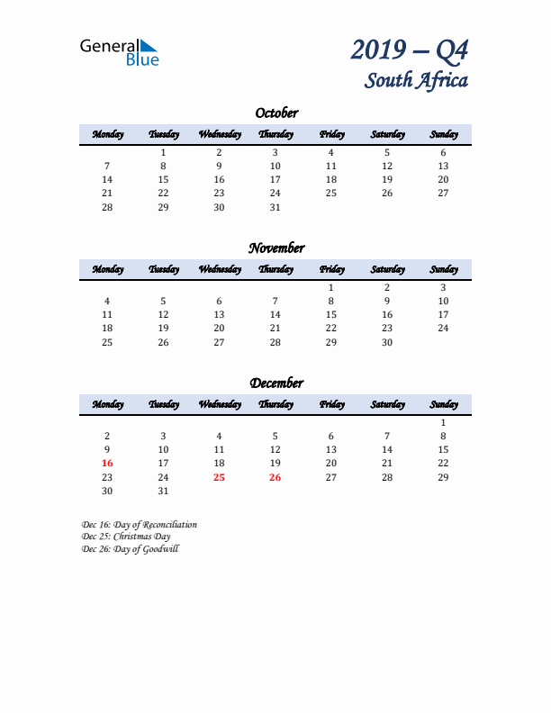 October, November, and December Calendar for South Africa with Monday Start