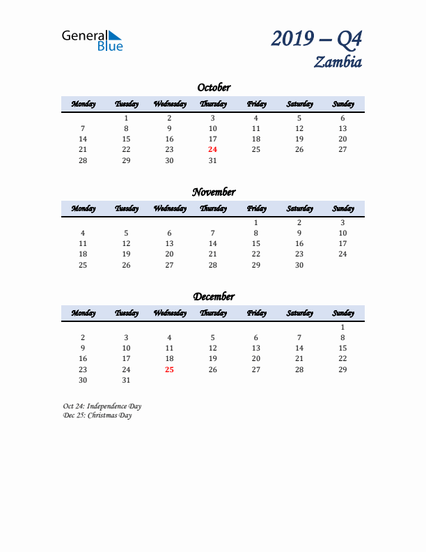 October, November, and December Calendar for Zambia with Monday Start