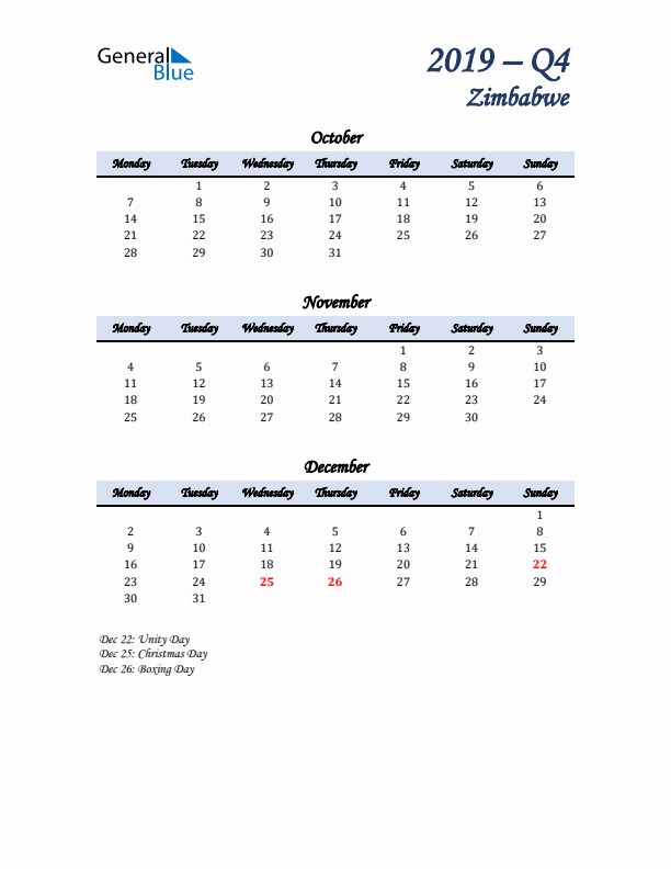 October, November, and December Calendar for Zimbabwe with Monday Start