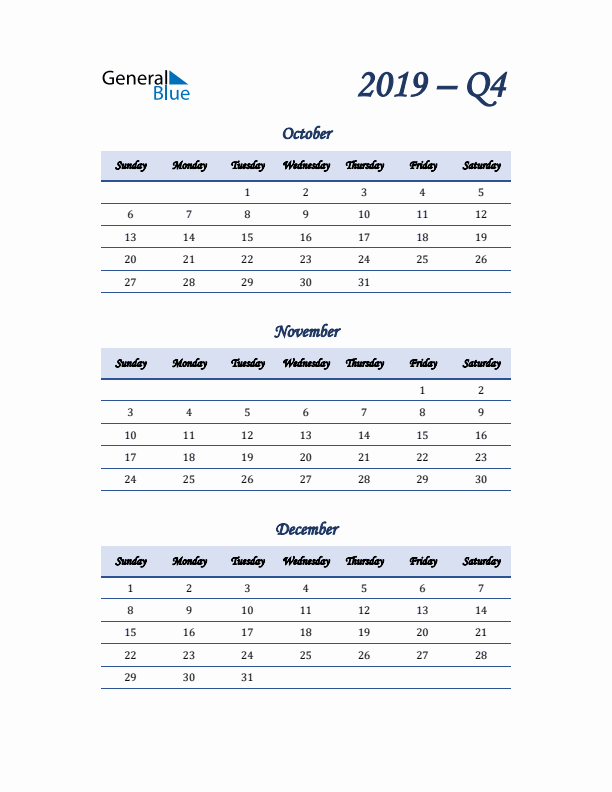 Sunday Start 2019 Quarterly Calendar