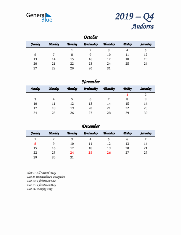 October, November, and December Calendar for Andorra with Sunday Start