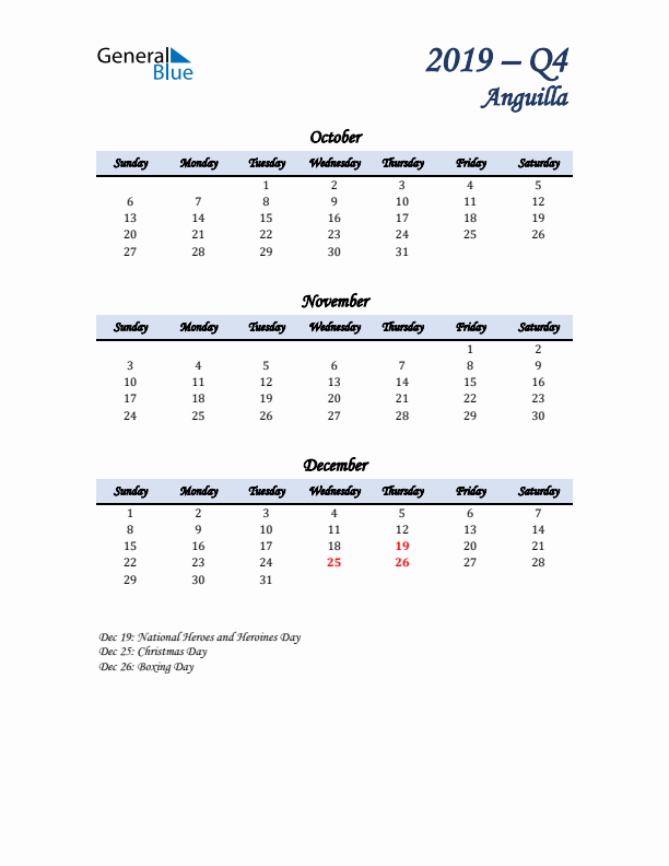 October, November, and December Calendar for Anguilla with Sunday Start