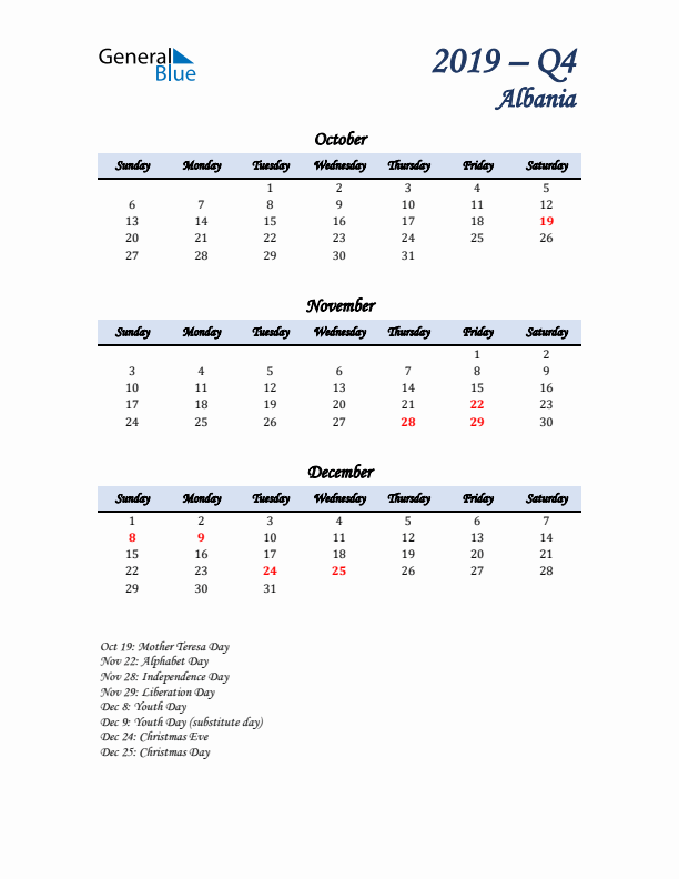 October, November, and December Calendar for Albania with Sunday Start