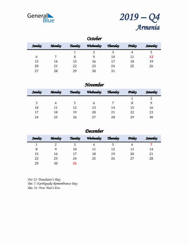 October, November, and December Calendar for Armenia with Sunday Start