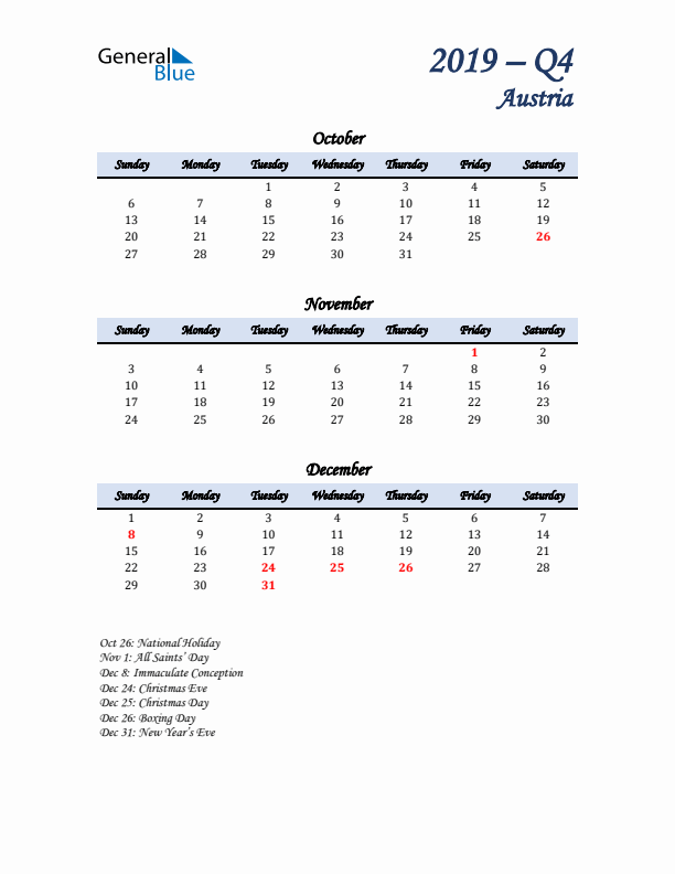 October, November, and December Calendar for Austria with Sunday Start