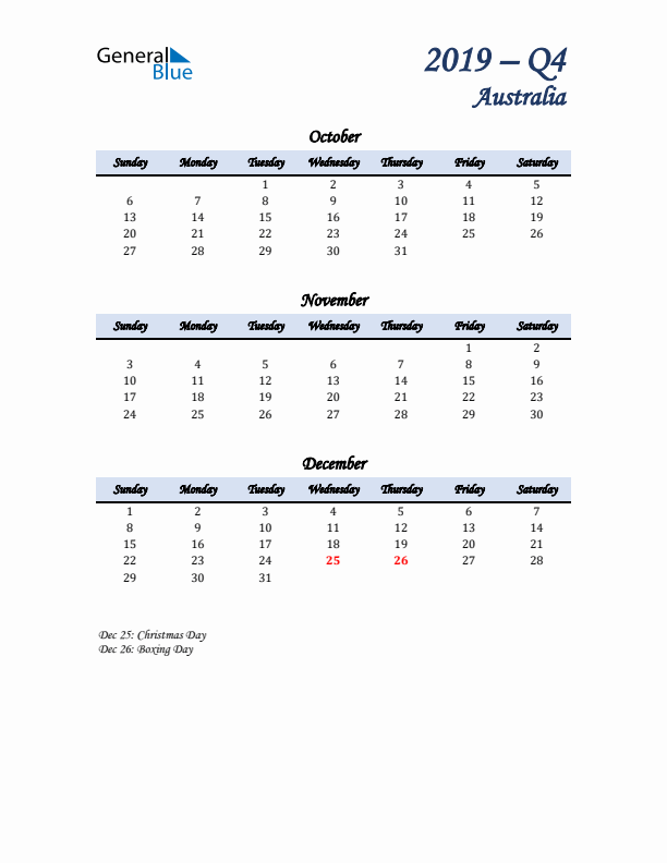 October, November, and December Calendar for Australia with Sunday Start