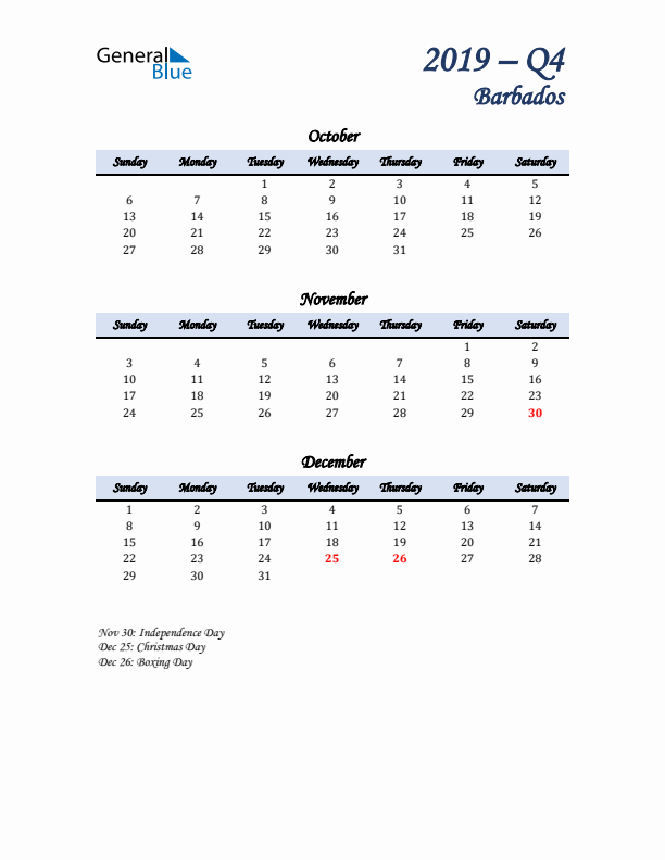 October, November, and December Calendar for Barbados with Sunday Start