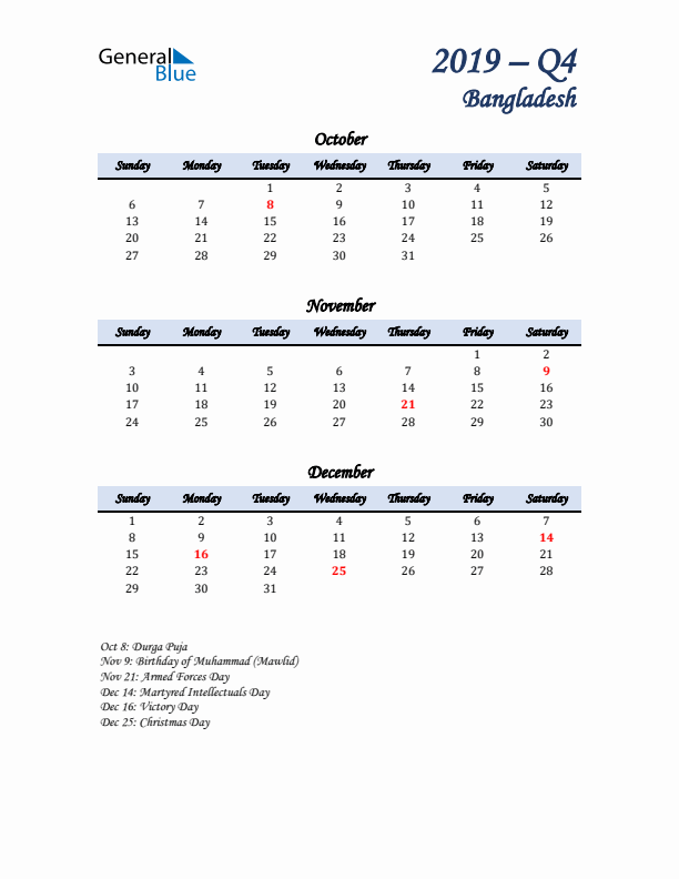 October, November, and December Calendar for Bangladesh with Sunday Start