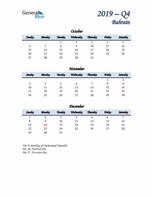 October, November, and December Calendar for Bahrain with Sunday Start