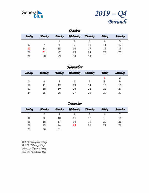 October, November, and December Calendar for Burundi with Sunday Start