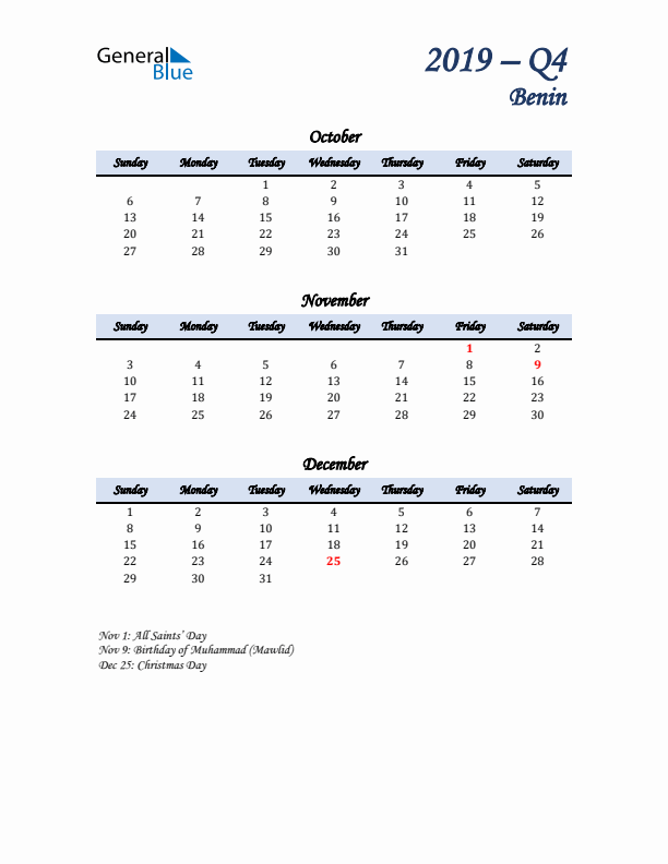 October, November, and December Calendar for Benin with Sunday Start