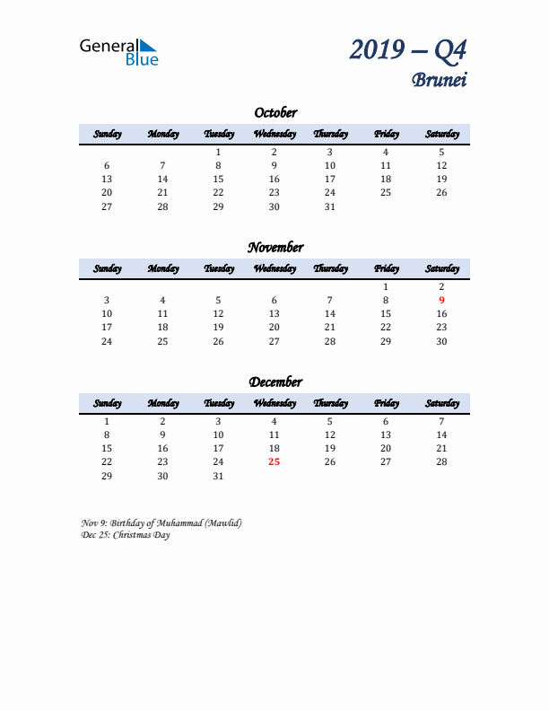 October, November, and December Calendar for Brunei with Sunday Start